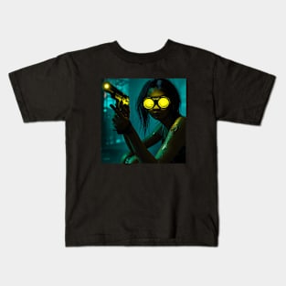 Futuristic portrait of a woman with yellow glasses and a gun Kids T-Shirt